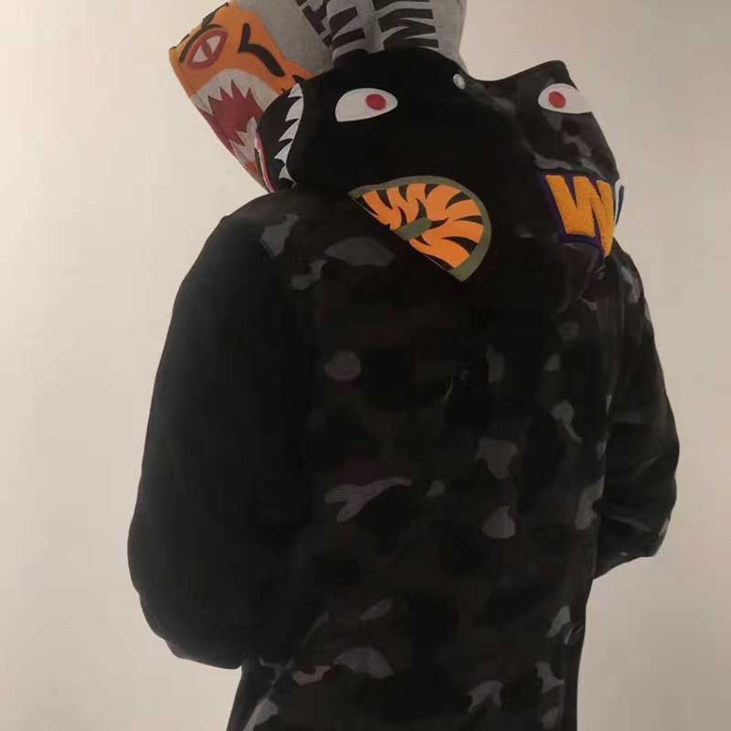 Bathing Ape Tiger Head Shark Double Hood Sweater Camouflage Hoodie Thin Velvet Terry Hooded Sweater