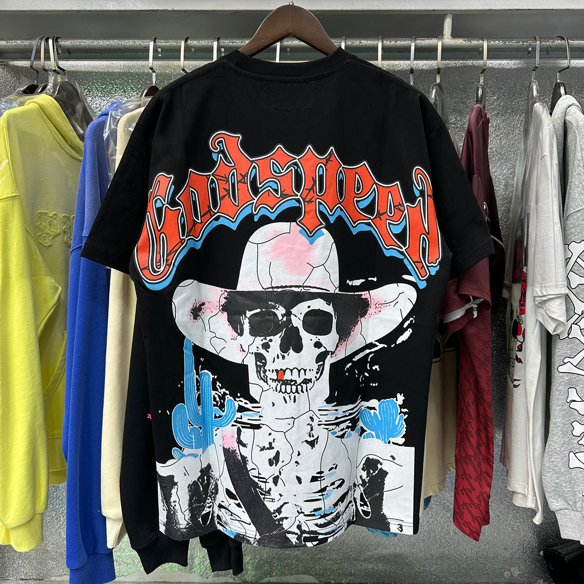 Godspeed T-shirts Great Western Skull Denim Cactus Print Cotton Casual Short Sleeve Men and Women
