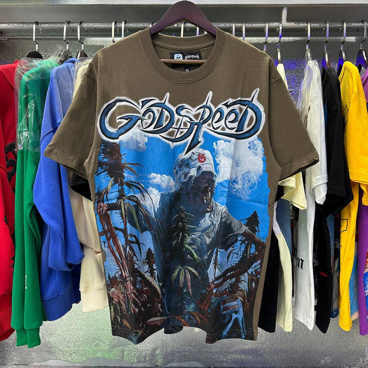 Godspeed T-shirts Blue Sky White Clouds Poppy Skull Planting Printing Cotton Casual Short Sleeves Men and Women